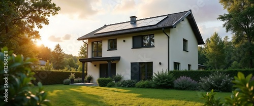 Wallpaper Mural A contemporary house with solar panels on the roof, surrounded by a manicured garden, and illuminated by a warm sunset, presenting a sustainable and tranquil living environment.

 Torontodigital.ca