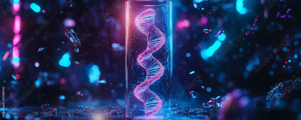 DNA helix spiraling inside glowing test tube, dark surroundings, blue and purple neon lights, futuristic vibe DNA helix spiraling inside glowing test tube, dark surroundings, blue and purple neon lights, futuristic vibe