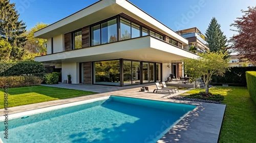 Wallpaper Mural Modern house with large windows and pool surrounded by greenery on a sunny day Torontodigital.ca