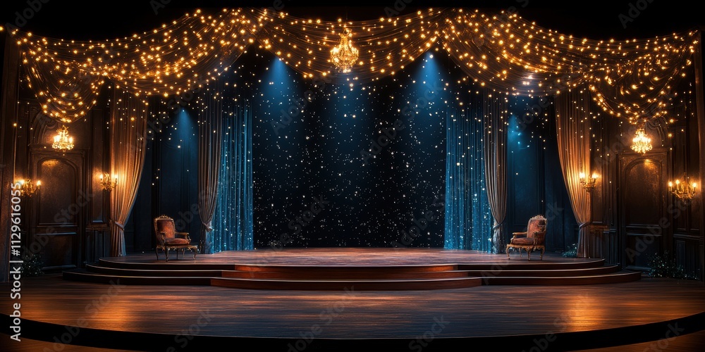Obraz premium Elegant Stage Setting, Warm-lit Piano Performance, Grand Archway Entrance, Audience Seating Arrangement