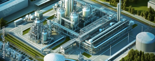 Aerial view of a chemical plant with complex piping and machinery, chemical plant, industrial engineering