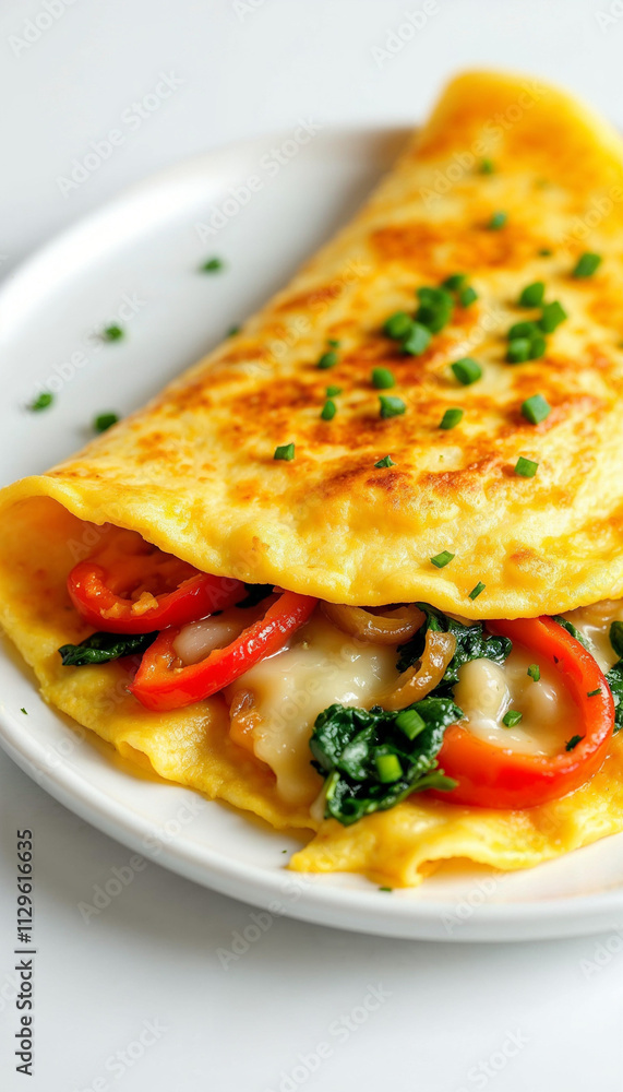 Golden Breakfast Omelette with Cheesy Filling, Fresh Spinach, and Peppers Golden Breakfast Omelette with Cheesy Filling, Fresh Spinach, and Peppers