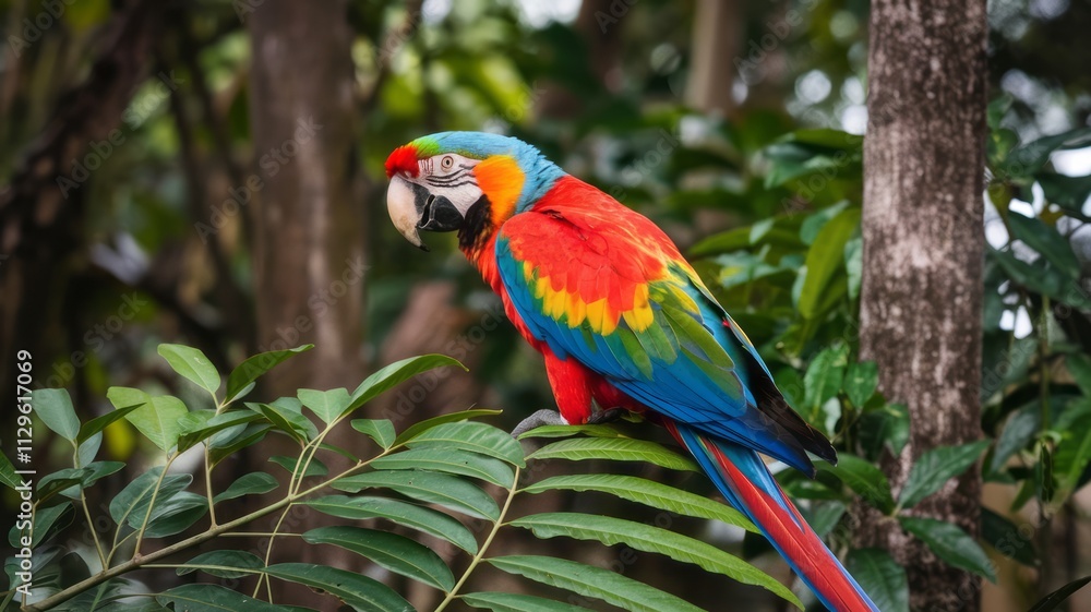 Obraz premium A colorful parrot is perched on a leafy branch. The bird is bright red, blue, and yellow, and it is looking at the camera. The scene is lively and vibrant
