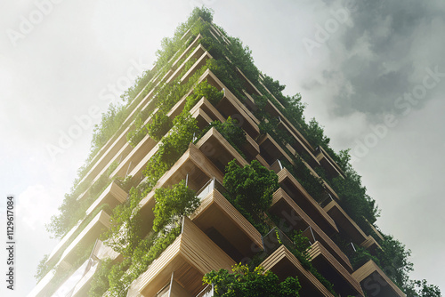 innovative skyscraper covered with vertical gardens and lush greenery showcasing sustainable and modern architecture
 photo