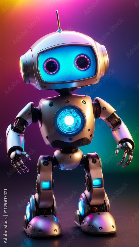 A robot with a blue light on its chest stands in front of a colorful background. The robot's design is futuristic and metallic, with a bright blue light on its chest A robot with a blue light on its chest stands in front of a colorful background. The robot's design is futuristic and metallic, with a bright blue light on its chest