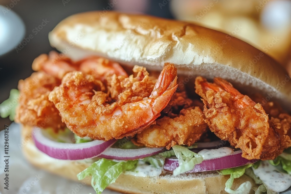 Fried shrimp po boy with toppings Traditional Cajun dish New Orleans staple Fried shrimp po boy with toppings Traditional Cajun dish New Orleans staple