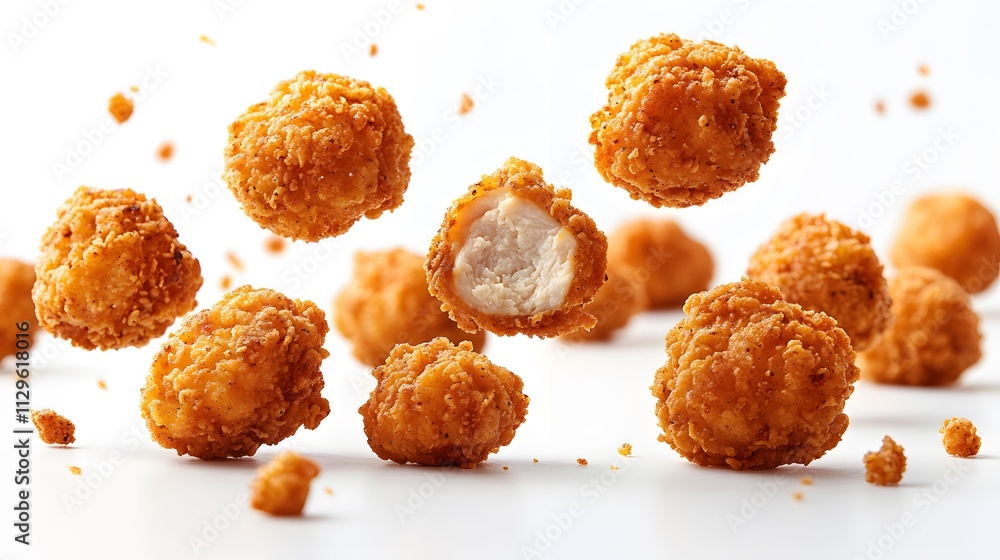 Fried chicken nuggets falling in the air on a white background design,
Fried chicken nuggets falling in the air on a white background design,