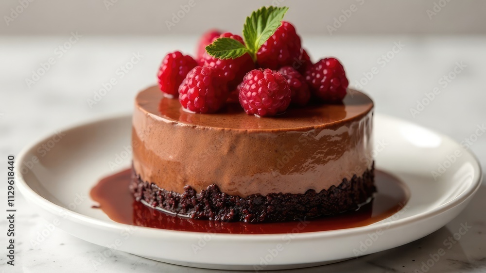 A chocolate mousse cake topped with fresh raspberries is presented on a white plate. Concept of a decadent dessert. Mocha mousse color A chocolate mousse cake topped with fresh raspberries is presented on a white plate. Concept of a decadent dessert. Mocha mousse color