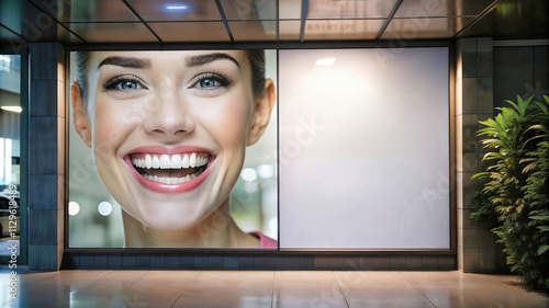 Advertising billboard of a dental clinic or beauty salon with space for text. A beautiful young woman with a perfect Hollywood smile.