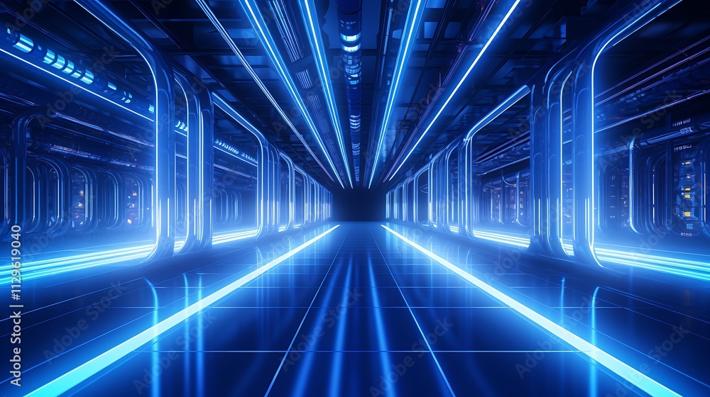 Futuristic corridor with blue neon lights and sleek design. Futuristic corridor with blue neon lights and sleek design.