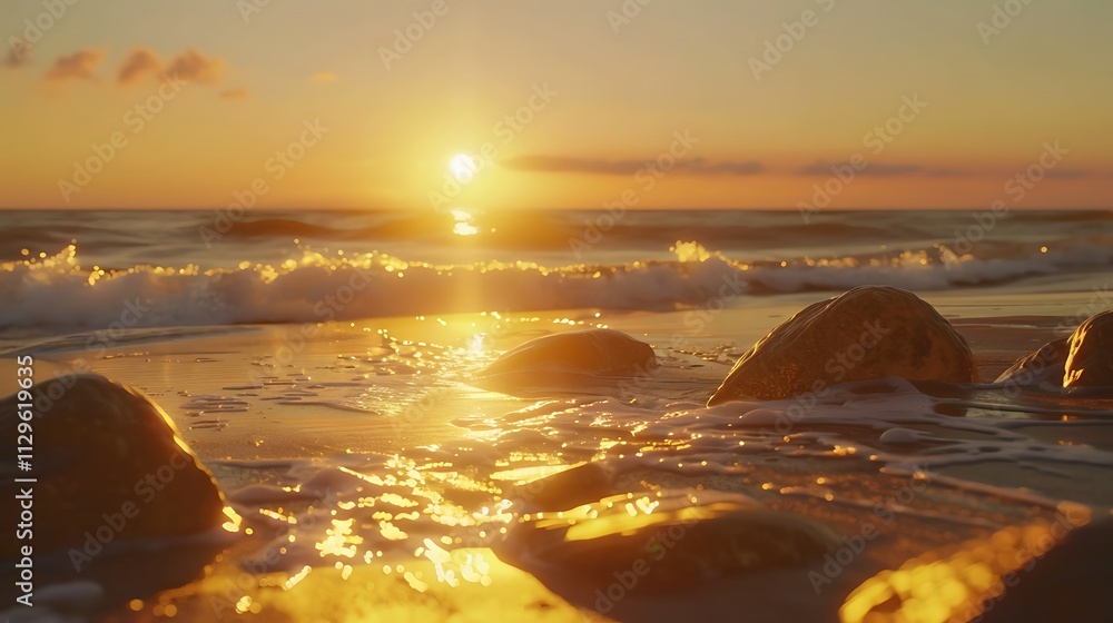 A golden sunset lighting up a beach with smooth rocks and gentle waves A golden sunset lighting up a beach with smooth rocks and gentle waves
