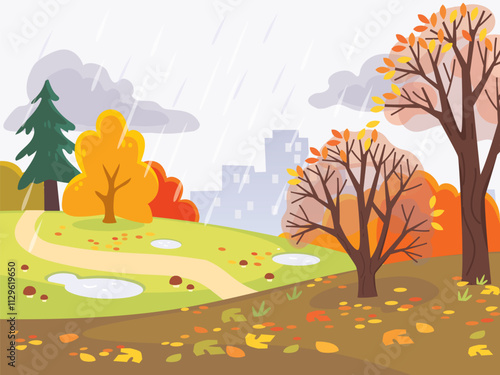 Autumn landscape. Fall in the park.  Path passes through empty autumn park with lawns and puddles  it's raining. Leaf fall in the forest. Mushrooms are growing. Gris day 