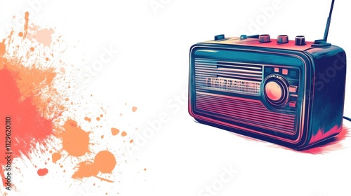 Vintage radio with vibrant splashes of color, showcasing nostalgia and artistic expression, perfect for designs related to music, retro culture, and creative projects. photo