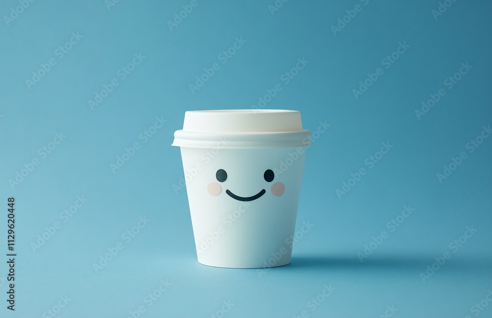 Smiling coffee cup on blue background evokes joy and warmth in a minimalist setting Smiling coffee cup on blue background evokes joy and warmth in a minimalist setting