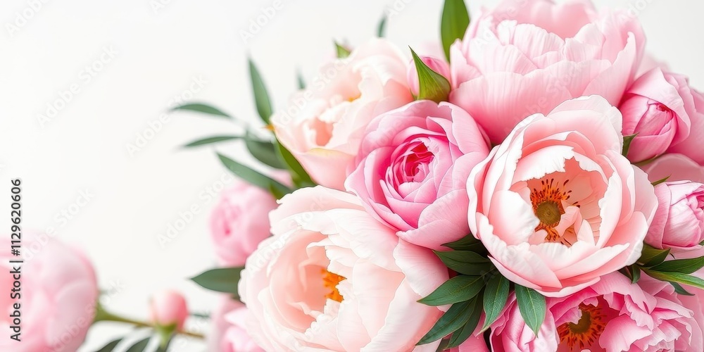 Bright pink peonies and roses arranged in a fresh bouquet with space for text, feminine, roses, blooming Bright pink peonies and roses arranged in a fresh bouquet with space for text, feminine, roses, blooming