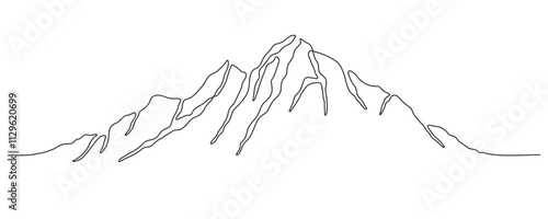 Mountain - continuous line drawing. One line mountain range landscape background. Rocky peaks in simple linear style. Black and white minimalist mountain panoramic view