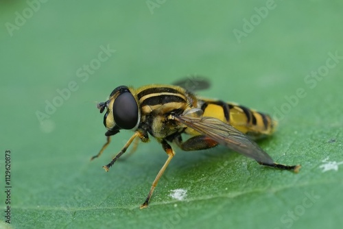 Detailed closeup on a European hoverfly, the Hayling Billy or Sun Fly, Helophilus pendulus in the garden photo