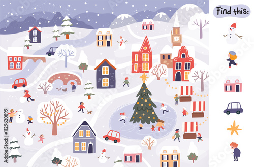 Winter snowy cartoon town city concept easy simple drawing map scene. Find hidden objects items in picture puzzle game. Merry Christmas background New Year Feliz navidad, Neujahr, Capodanno,le Nouvel