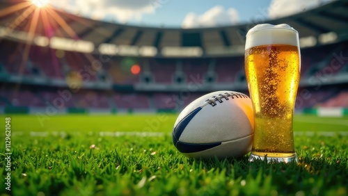 A football and a glass of beer are placed on grass in front of a stadium on a sunny day. Concept of Super Bowl Sunday. photo