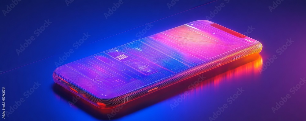 Floating smartphone with app interface in neon colors, futuristic mockup, immersive design showcase Floating smartphone with app interface in neon colors, futuristic mockup, immersive design showcase