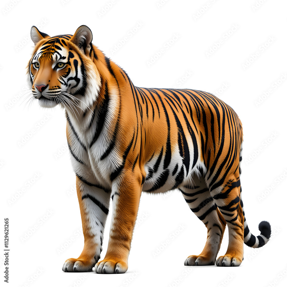 Obraz premium Tiger isolated on a white background, Side view, tiger standing full HD image generated by Ai. full body, realistic, full detail looking at the camera,