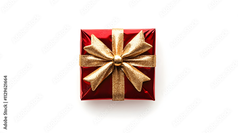 A single red gift box with a gold glitter bow sits on a white background. Perfect for Christmas, holidays, or birthdays. A single red gift box with a gold glitter bow sits on a white background. Perfect for Christmas, holidays, or birthdays.