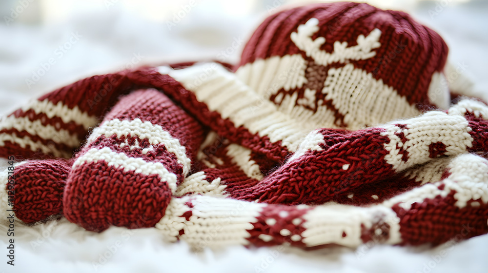 Fototapeta premium Cozy red and white knitted sweater and hat set with reindeer pattern. Perfect for winter holidays. Soft, warm, and comfortable.