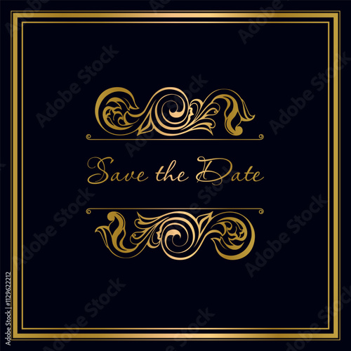 Save the date vintage frame. damask vintage baroque scroll swirl. Victorian monogram heraldic shield swirl.Retro floral leaf pattern border foliage antique  acanthus calligraphy engraved tattoo. 