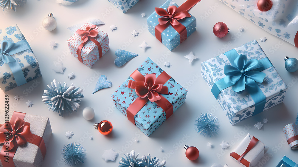 Flatlay of various Christmas presents in shades of blue and red, adorned with ribbons and bows. Flatlay of various Christmas presents in shades of blue and red, adorned with ribbons and bows.