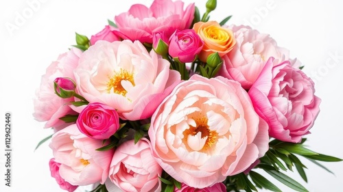 Fototapeta Naklejka Na Ścianę i Meble -  Fresh bouquet of pink peonies and roses in full bloom with space for text, peonies, vibrant, roses