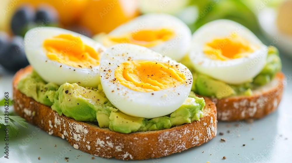Delicious avocado toast topped with halved hard-boiled eggs and pepper.