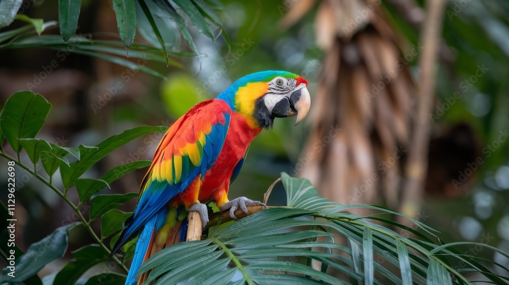 Obraz premium A colorful parrot is perched on a leafy branch. The bird is bright red, blue, and yellow, and it is looking at the camera. The scene is lively and vibrant