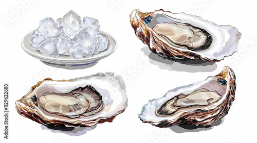 Oysters on white background. Food rich in protein. Banner, label, poster, logo. Seafood. photo