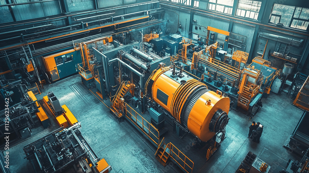 Fototapeta premium large industrial air compressor system operating in a modern manufacturing facility showcasing powerful equipment in a factory production setting bright white gold silver tone background