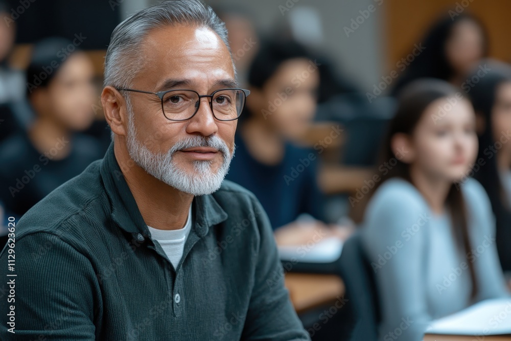 A distinguished older man with glasses sits serenely in a lecture hall, actively listening to a seminar surrounded by engaged students in a scholarly environment. A distinguished older man with glasses sits serenely in a lecture hall, actively listening to a seminar surrounded by engaged students in a scholarly environment.
