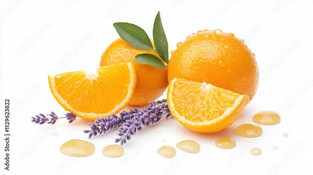 Fototapeta premium Ripe oranges and lavender sprigs adorned with honey drops on a white background