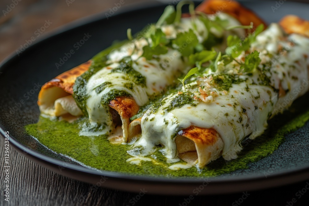 Genuine Mexican enchiladas topped with green creamy sauce and melted cheese Genuine Mexican enchiladas topped with green creamy sauce and melted cheese