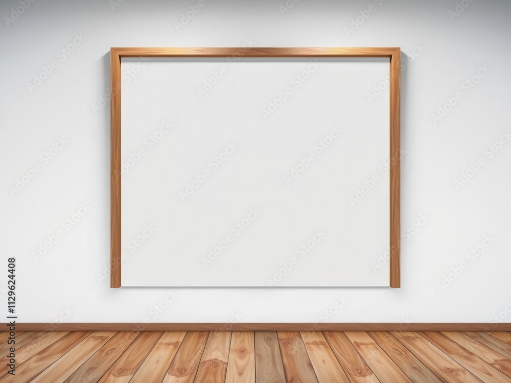 Minimalist wooden floor mockup with an empty frame for artwork or designs, mockup, layout Minimalist wooden floor mockup with an empty frame for artwork or designs, mockup, layout