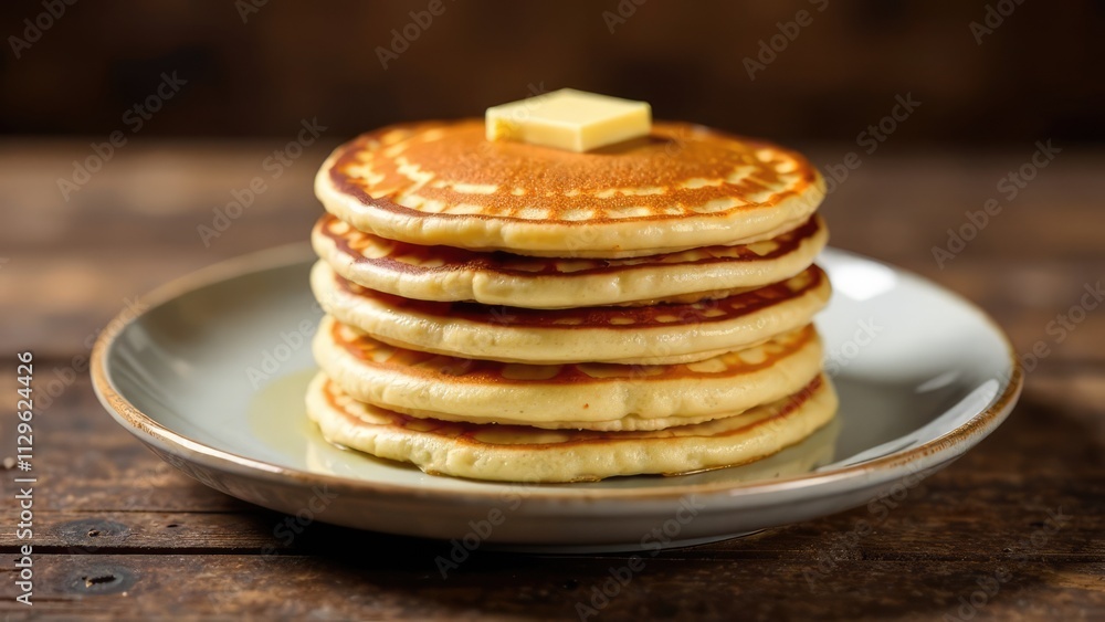 A stack of golden pancakes is topped with a pat of butter on a light gray plate, on a wooden table. Concept of breakfast food. A stack of golden pancakes is topped with a pat of butter on a light gray plate, on a wooden table. Concept of breakfast food.