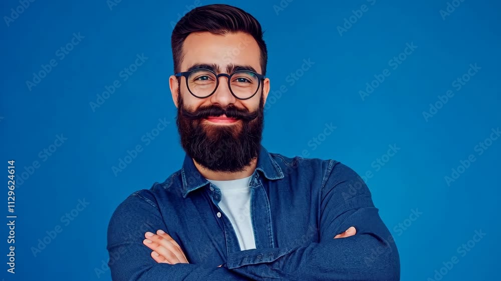 Confident man posing with arms crossed against a blue background in a casual outfit Confident man posing with arms crossed against a blue background in a casual outfit