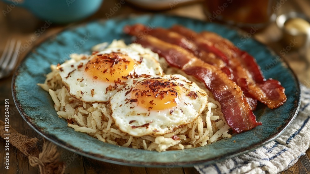 Delicious Breakfast Plate with Eggs, Bacon, and Hash Browns Delicious Breakfast Plate with Eggs, Bacon, and Hash Browns