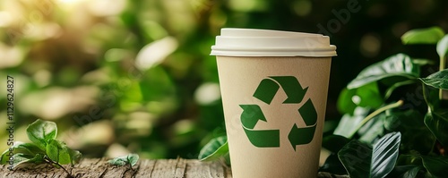 Ecofriendly coffee cup with recycling sign, sustainable lifestyle, green branding concept photo