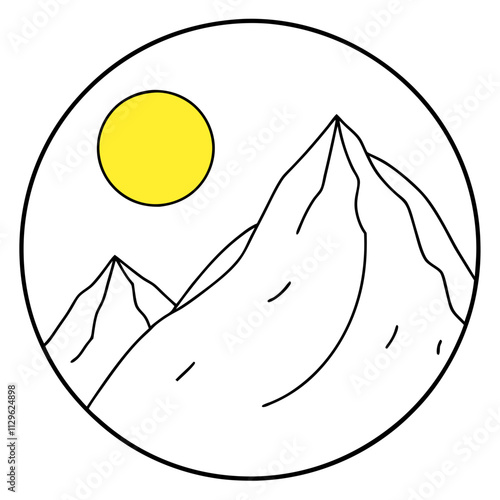 A big round yellow moon with a high mountain peak  ,White Background