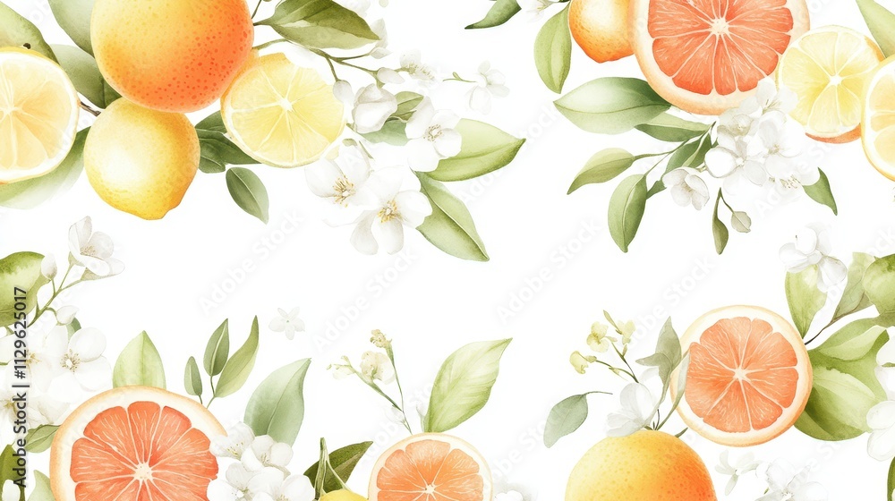 Bright watercolor pattern of tropical citrus fruits and blossoms, with oranges Bright watercolor pattern of tropical citrus fruits and blossoms, with oranges