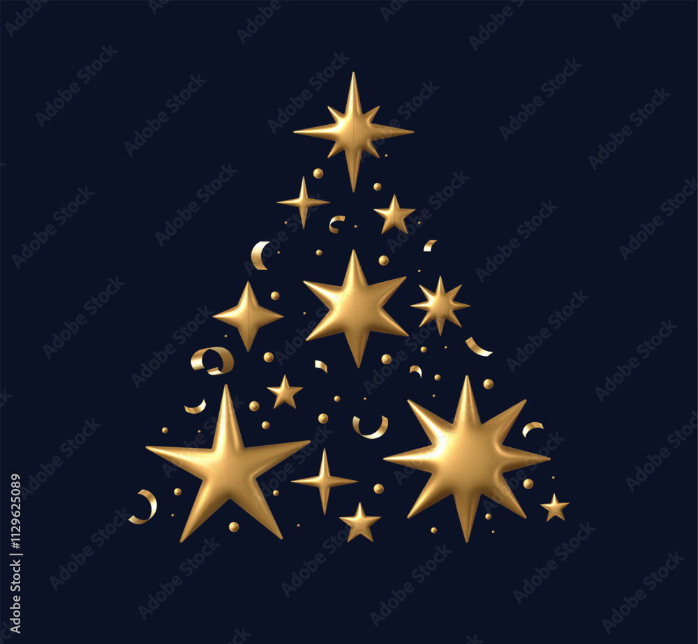 Obraz premium Christmas tree golden star. 3D stars realistic gold metallic starry shapes and confetti in Christmas tree composition. Xmas winter holiday concept. Vector background.
