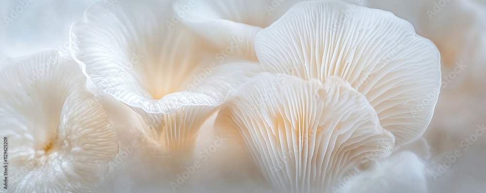 Elegant white mushrooms with delicate gills, captured in soft natural light, forest aesthetic Elegant white mushrooms with delicate gills, captured in soft natural light, forest aesthetic