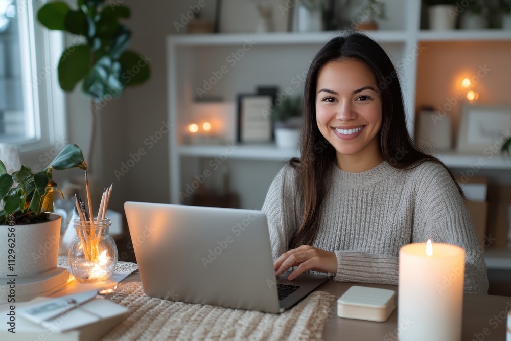 Fototapeta premium A cheerful woman sits at her desk with a laptop, surrounded by warm decor, creating a cozy and productive atmosphere for work or study.