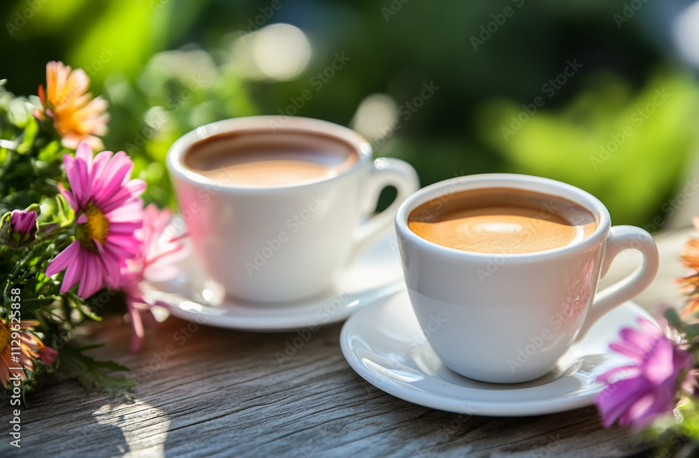 Enjoying coffee surrounded by colorful flowers in a serene outdoor setting during morning hours Enjoying coffee surrounded by colorful flowers in a serene outdoor setting during morning hours