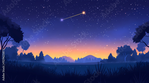 A stunning view of the night sky filled with stars, constellations, and celestial phenomena observed from a clear location during twilight. Meteor. Illustration photo