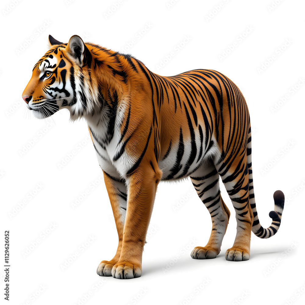 Fototapeta premium Tiger isolated on a white background, Side view, tiger standing full HD image generated by Ai. full body, realistic, full detail looking at the camera,